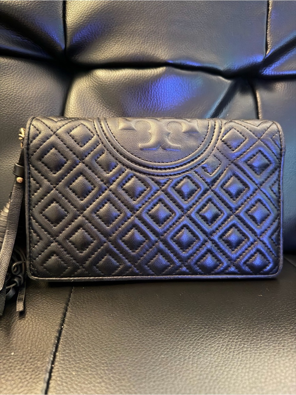 Tory Burch Black Quilted Logo Wristlet